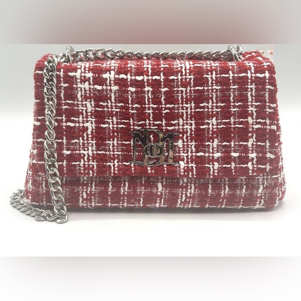 Badgley Mischka Red Tweed Textured Messenger with Heavy Chain Handbag
